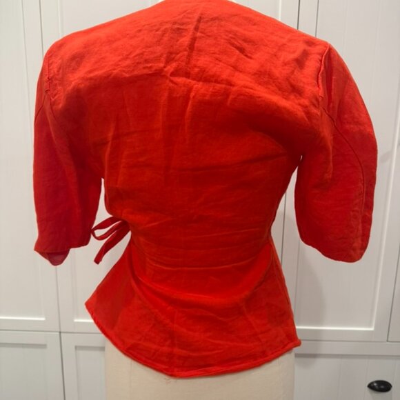 Zara Red Linen Wrap Top V Neck Short Sleeve Blouse (S) - Picture 2 of 4